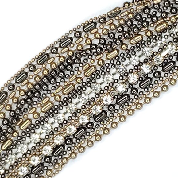 Multi Strand Chain Link Bracelet Goldtone Rhinestone Brown 1 1/2 X 7 1/2 - 9 1/2 - Picture 1 of 2